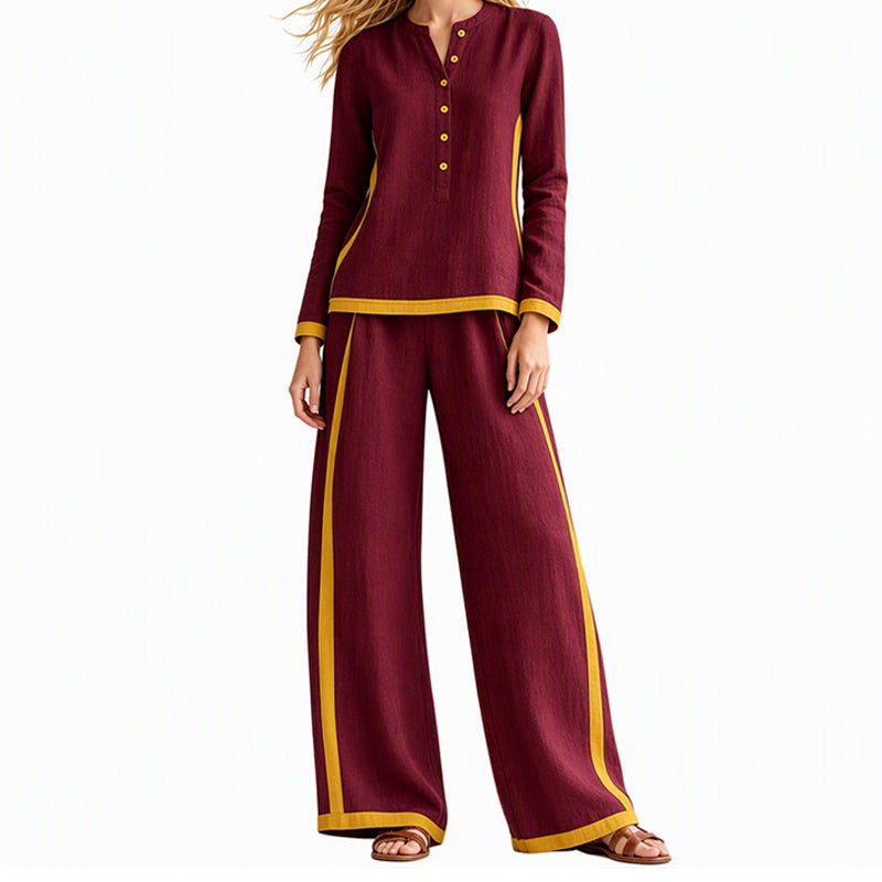 ๐ Women's Colorblock Long Sleeve Top & Wide-Leg Pants Set