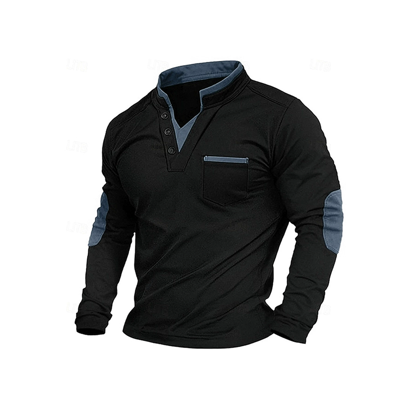Men's Stand Collar Long Sleeve Shirt Spliced Casual Pullover Top
