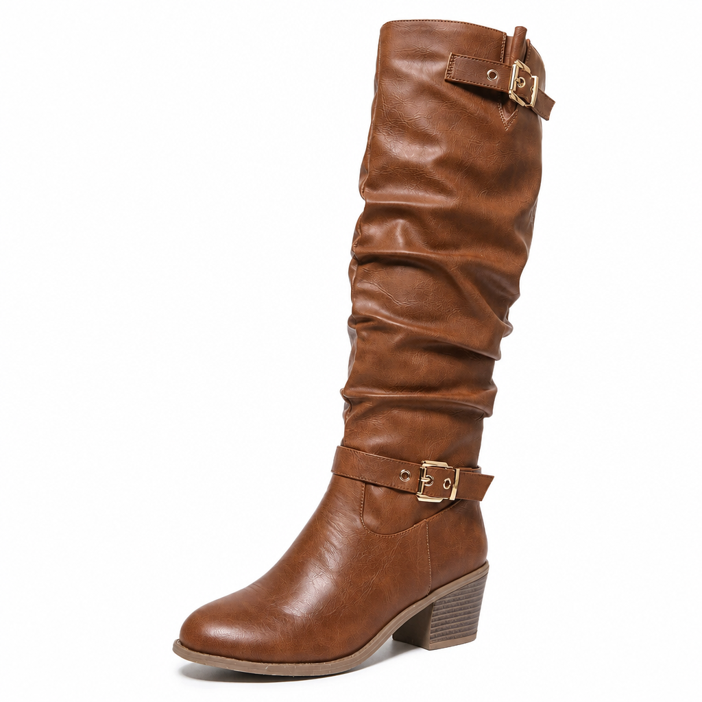 Women's Knee High Western Boots Vintage Chunky Block Heel Slouchy Riding Boots with Side Zipper and Buckle Round Toe