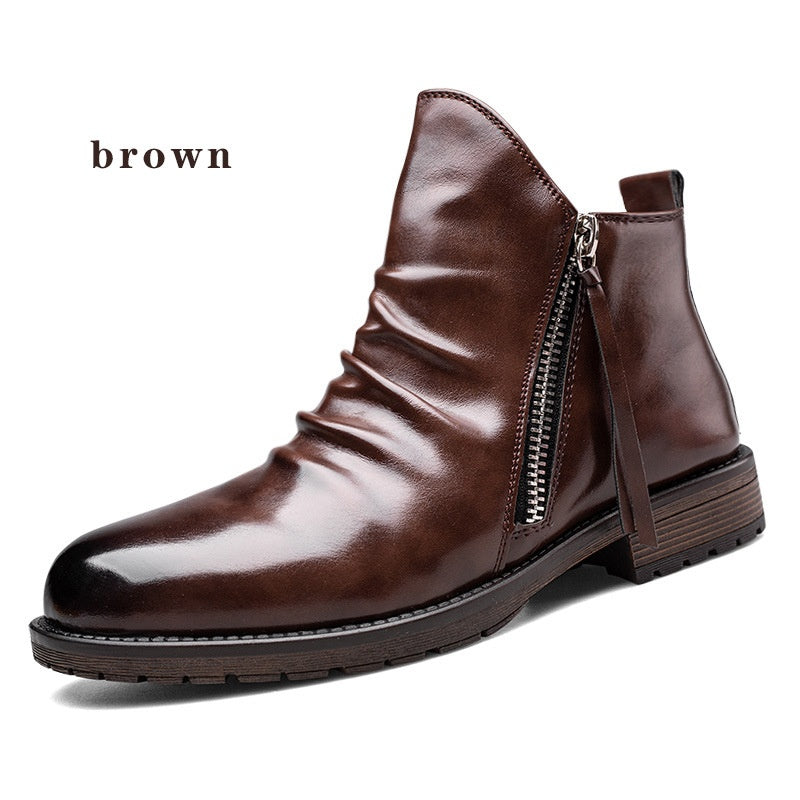 Men's Vintage Pleated Chelsea Boots Casual Round Toe Zipper Western Cowboy Boots