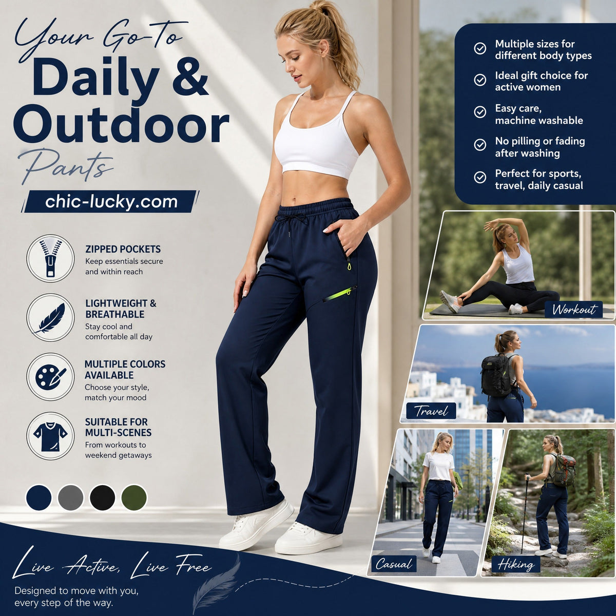 👖✨Women’s Straight-Leg Cargo Trousers – Elastic Waist, 6-Pocket Casual Pants for Work, Travel & Everyday Wear