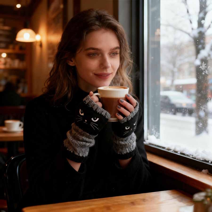 ❄️🐾Cat Knitted Embroidery Fingerless Gloves