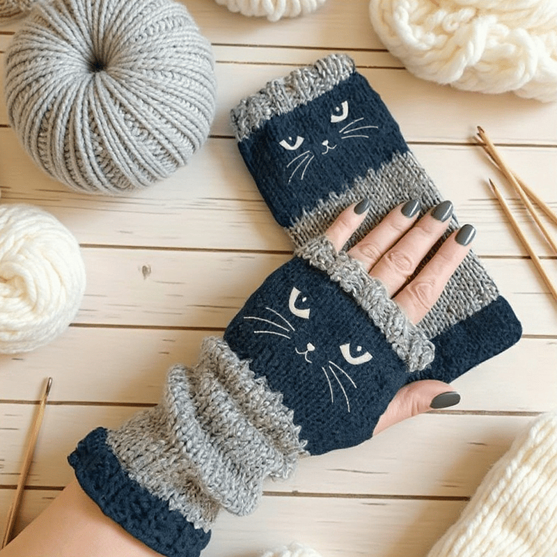 ❄️🐾Cat Knitted Embroidery Fingerless Gloves