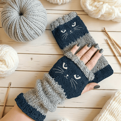 ❄️🐾Cat Knitted Embroidery Fingerless Gloves