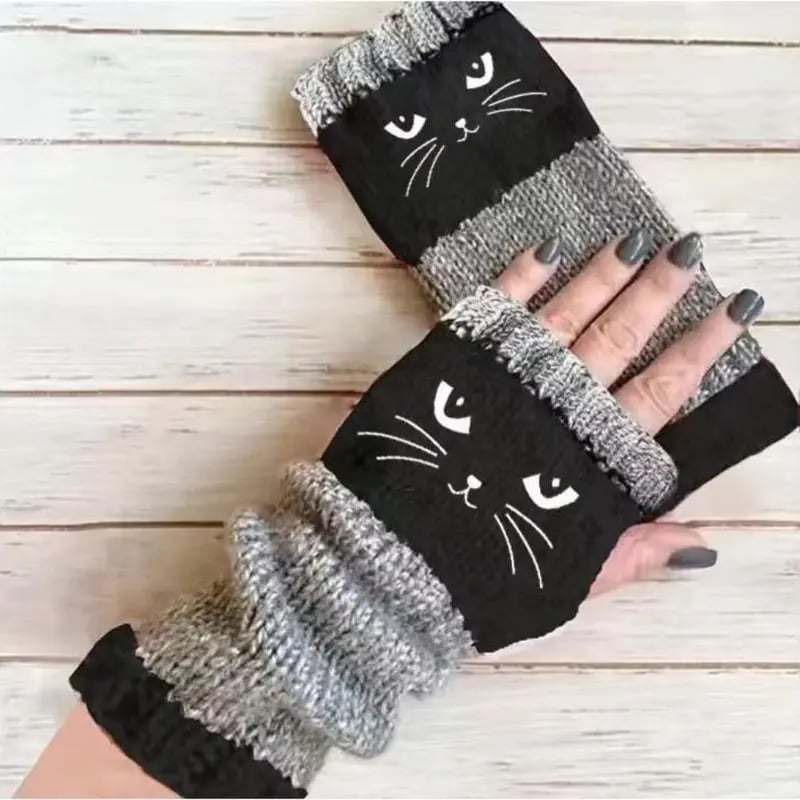 ❄️🐾Cat Knitted Embroidery Fingerless Gloves