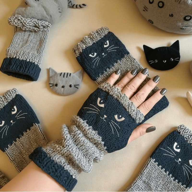 ❄️🐾Cat Knitted Embroidery Fingerless Gloves