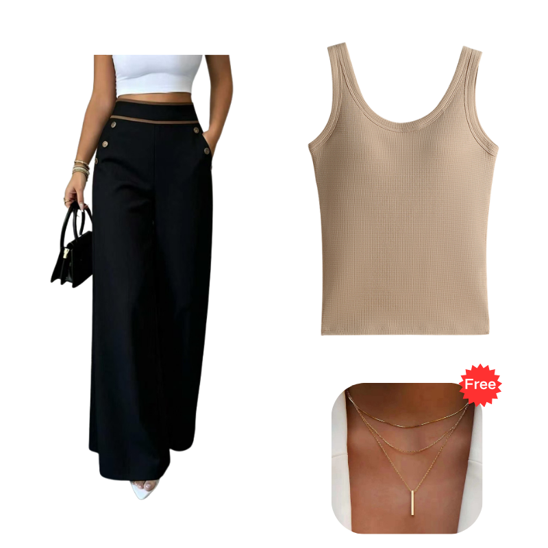 Women's High-Waisted, Highly Stretchy Wide-Leg Pants with Contrast-Color Piping