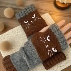 ❄️🐾Cat Knitted Embroidery Fingerless Gloves