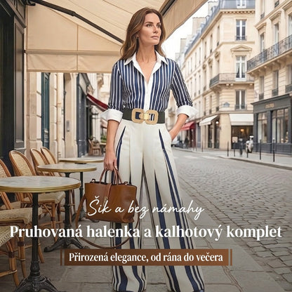 ⏳Časově omezená akce⏰Dámské pruhované tričko a kalhoty se širokými nohavicemi – dvoudílná sada
