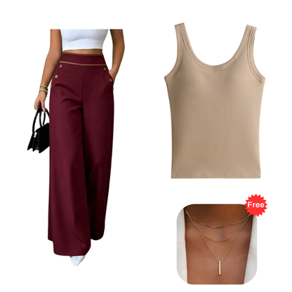 Women's High-Waisted, Highly Stretchy Wide-Leg Pants with Contrast-Color Piping