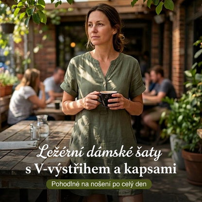 🍃☁️ Dámské volné a prodyšné šaty pro volný čas, s výstřihem do V a kapsami 😍🌬️
