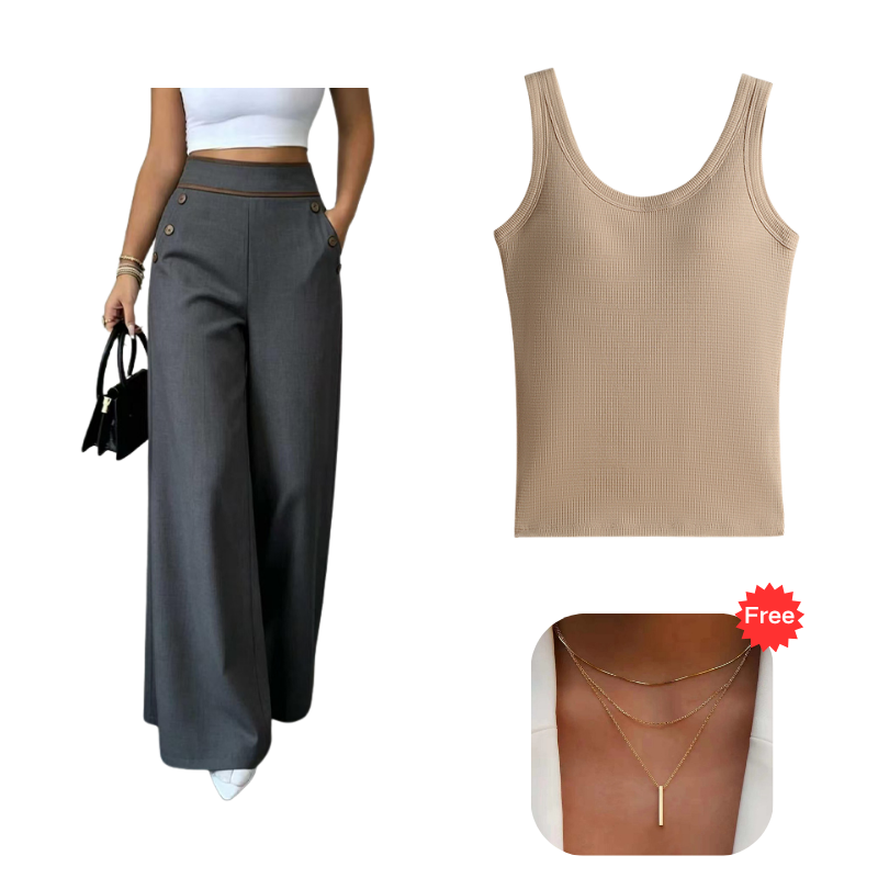 Women's High-Waisted, Highly Stretchy Wide-Leg Pants with Contrast-Color Piping