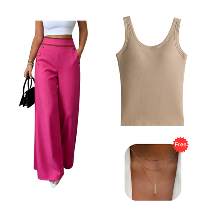 Women's High-Waisted, Highly Stretchy Wide-Leg Pants with Contrast-Color Piping