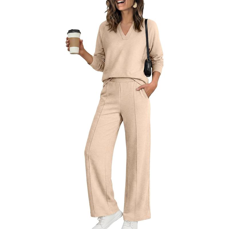 🍂Women's 2 Piece Outfits V Neck Lounge Set | Raglan Long Sleeve Top & Wide Leg Pants