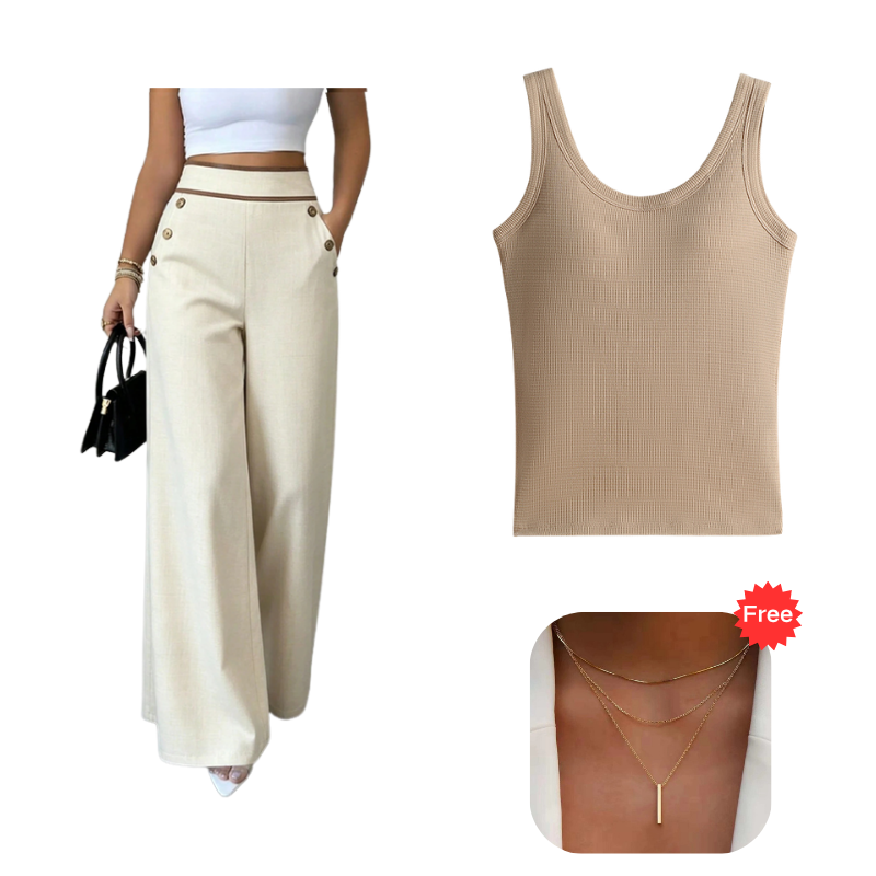 Women's High-Waisted, Highly Stretchy Wide-Leg Pants with Contrast-Color Piping