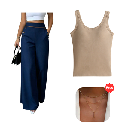 Women's High-Waisted, Highly Stretchy Wide-Leg Pants with Contrast-Color Piping