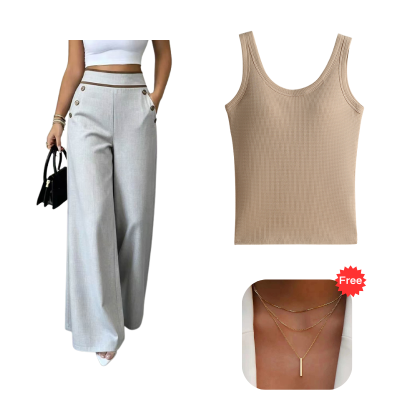 Women's High-Waisted, Highly Stretchy Wide-Leg Pants with Contrast-Color Piping