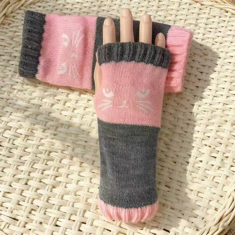 ❄️🐾Cat Knitted Embroidery Fingerless Gloves