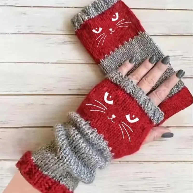 ❄️🐾Cat Knitted Embroidery Fingerless Gloves