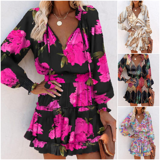 【S-2XL】Dámské šaty s výstřihem do V, dlouhými rukávy a volánkovým lemem