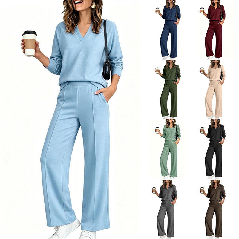 🍂Women's 2 Piece Outfits V Neck Lounge Set | Raglan Long Sleeve Top & Wide Leg Pants