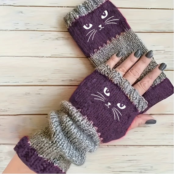 ❄️🐾Cat Knitted Embroidery Fingerless Gloves