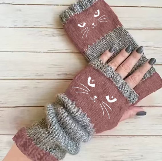 ❄️🐾Cat Knitted Embroidery Fingerless Gloves