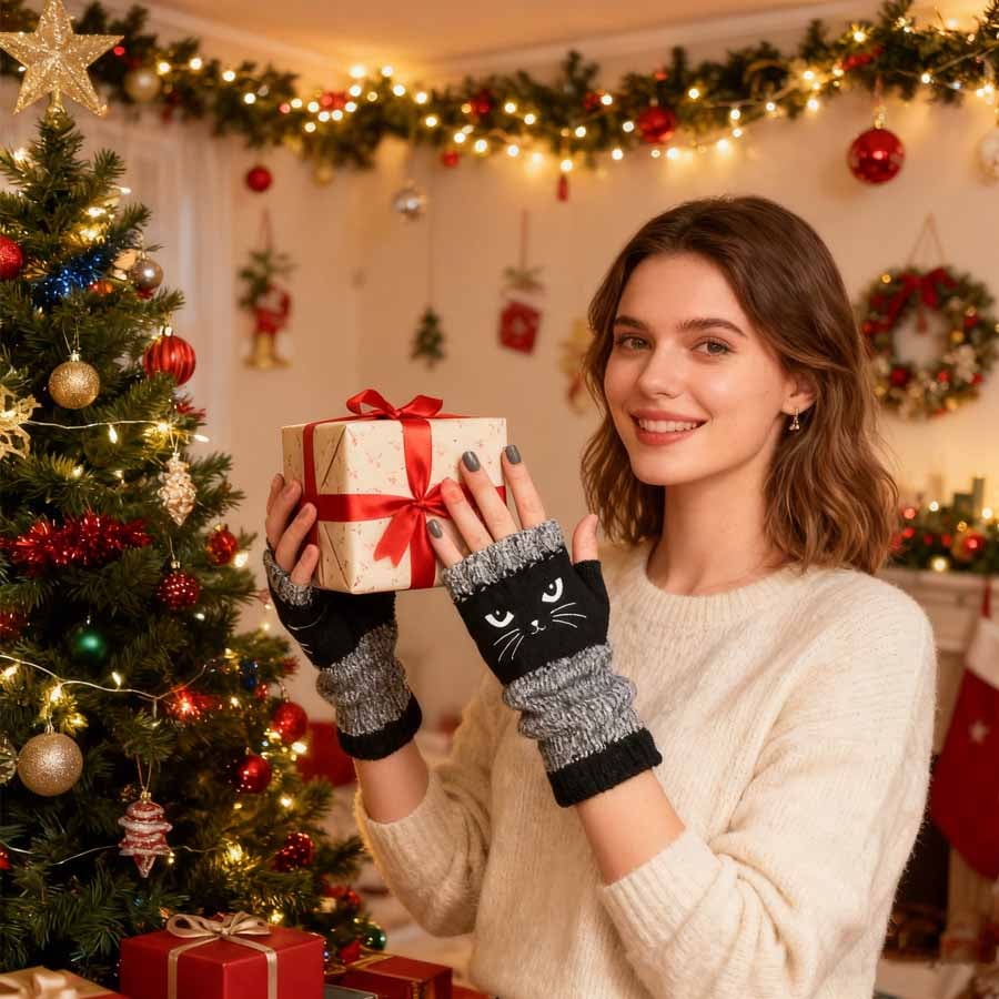 ❄️🐾Cat Knitted Embroidery Fingerless Gloves