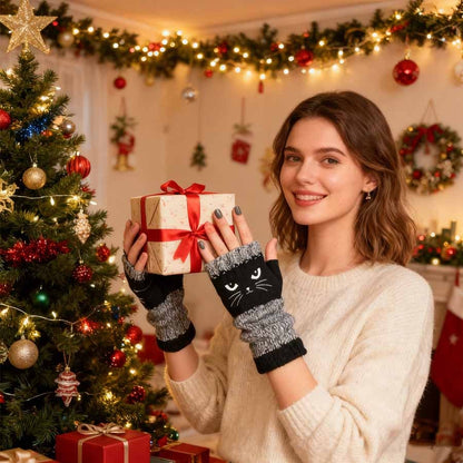 ❄️🐾Cat Knitted Embroidery Fingerless Gloves