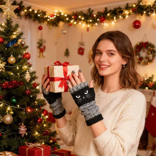 ❄️🐾Cat Knitted Embroidery Fingerless Gloves