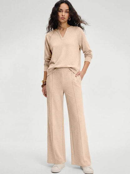 🍂Women's 2 Piece Outfits V Neck Lounge Set | Raglan Long Sleeve Top & Wide Leg Pants