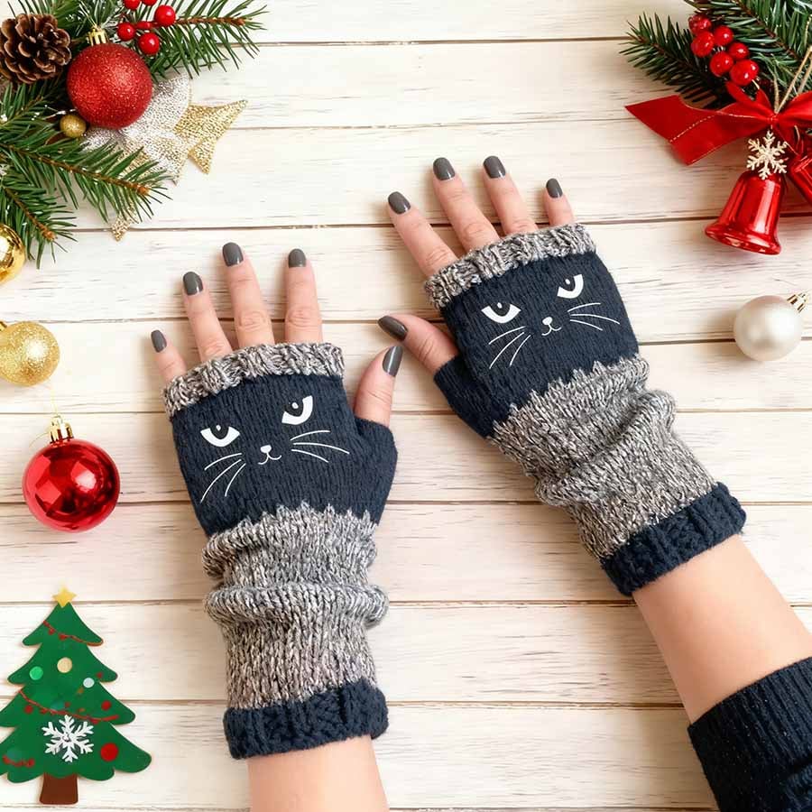 ❄️🐾Cat Knitted Embroidery Fingerless Gloves