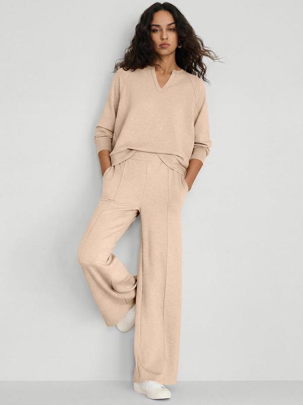 🍂Women's 2 Piece Outfits V Neck Lounge Set | Raglan Long Sleeve Top & Wide Leg Pants