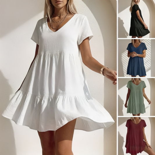 🔥💥【S-5XL】👗Bavlněné šaty s kulatým výstřihem a kapsami
