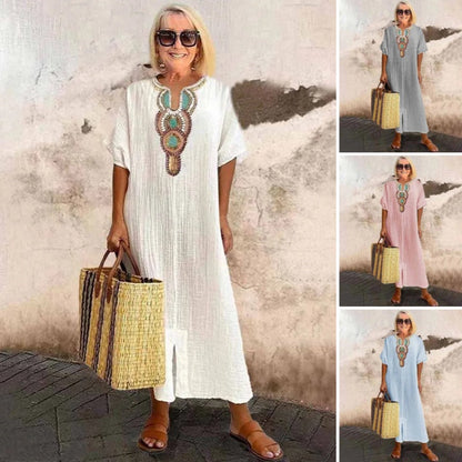 Femei Casual Loose bumbac lenjerie brodate Split rochie