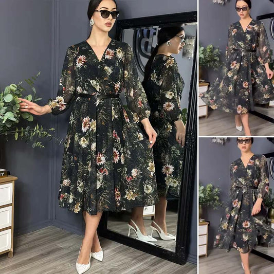 🌷🌷Rochie neagră imprimată cu decolteu în V și talie pentru femei