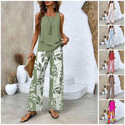 🌺Top fără mâneci și pantaloni imprimați din 2 piese la modă pentru femei
