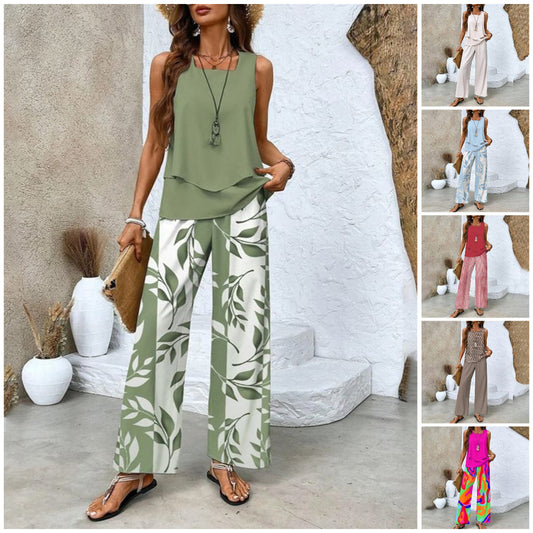 🌺Top fără mâneci și pantaloni imprimați din 2 piese la modă pentru femei