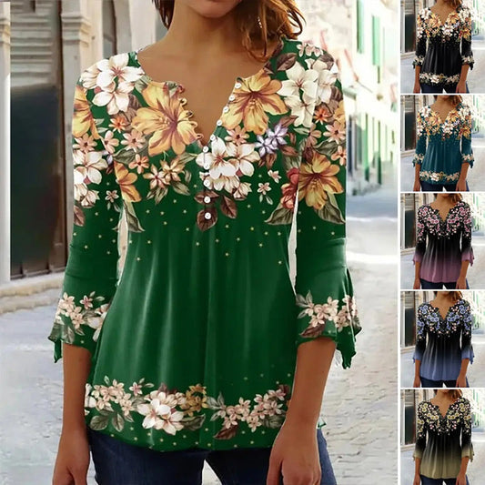 🌹Elegantní dámský top s květinovým potiskem a výstřihem do V🌹Růžový náhrdelník zdarma