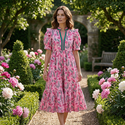 Dámské maxi šaty s květinovým potiskem a nafouknutými rukávy