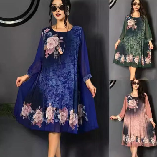 Dámské šaty s květinovým potiskem, kulatým výstřihem a síťovanými rukávy