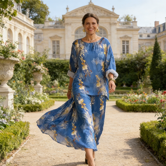 Dámský dvoudílný set s květinovým potiskem a asymetrickým lemem