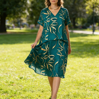 Dámská letní sada s volným topem s výstřihem do V a midi sukní