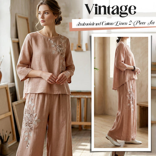 Dvoudílná sada z vintage vyšívané bavlny a lnu