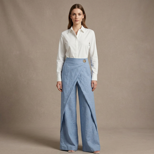 Dámské kalhoty s vysokým pasem, překříženým předním dílem a širokými nohavicemi