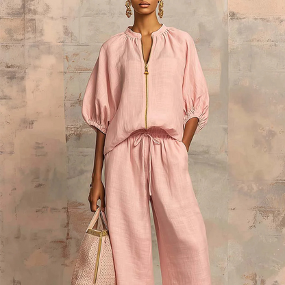 👚IMITED-TIME 70%OFF! 👖 Women's Solid  Color 2-Piece Tracksuit -Puff Sleeve, Wide Leg,Zipper Detail✨