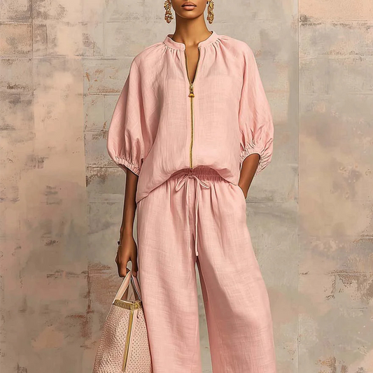 👚SLEVA 30% ! 👖 Dámská jednobarevná dvoudílná tepláková souprava - Nafouknuté rukávy, široké nohavice, zipový detail✨