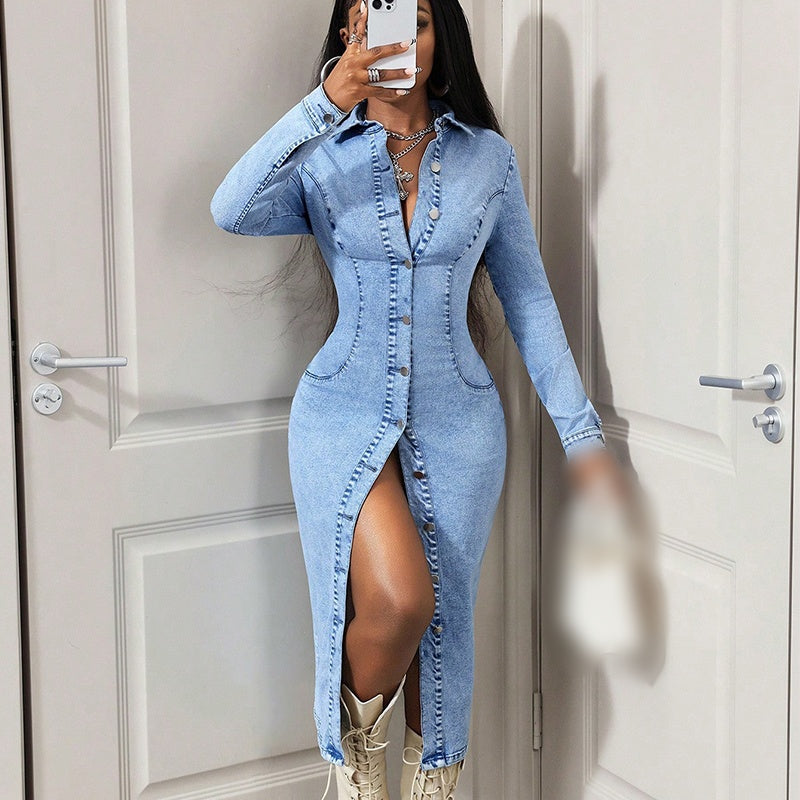 👗 Button-Down Denim Midi Dress – Curvy, Chic, Versatile 🔵