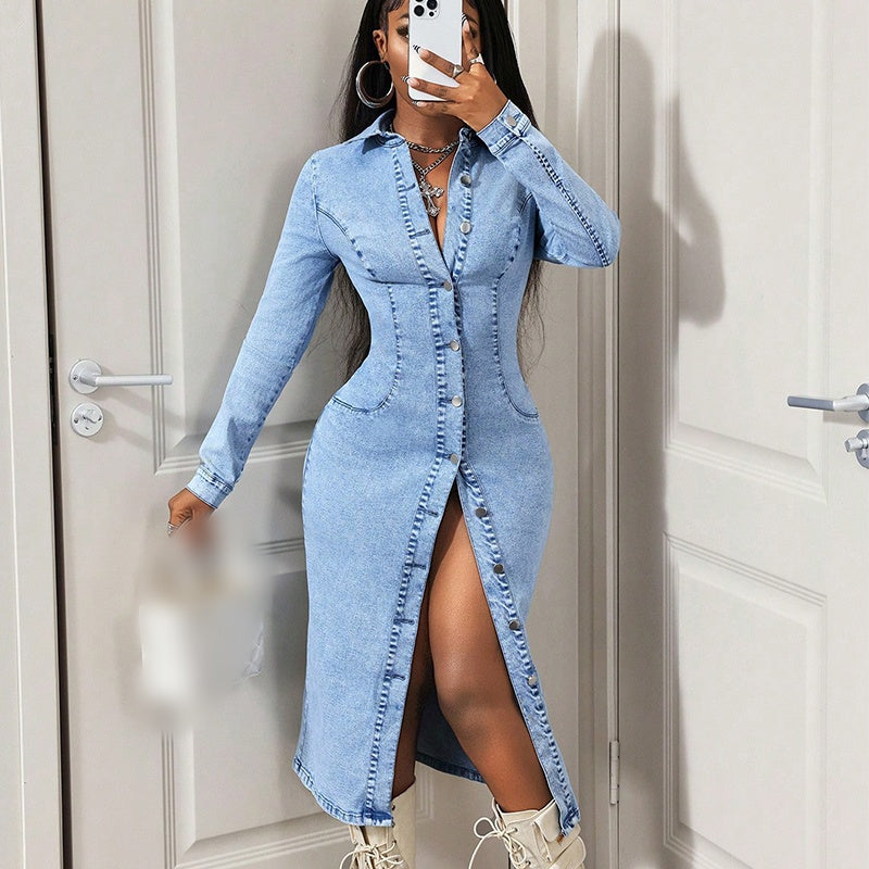 👗 Button-Down Denim Midi Dress – Curvy, Chic, Versatile 🔵