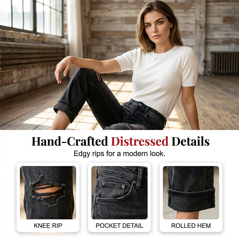 Women's Ripped Straight-Leg Jeans – High-Waist, Distressed, Stretchy 🆒